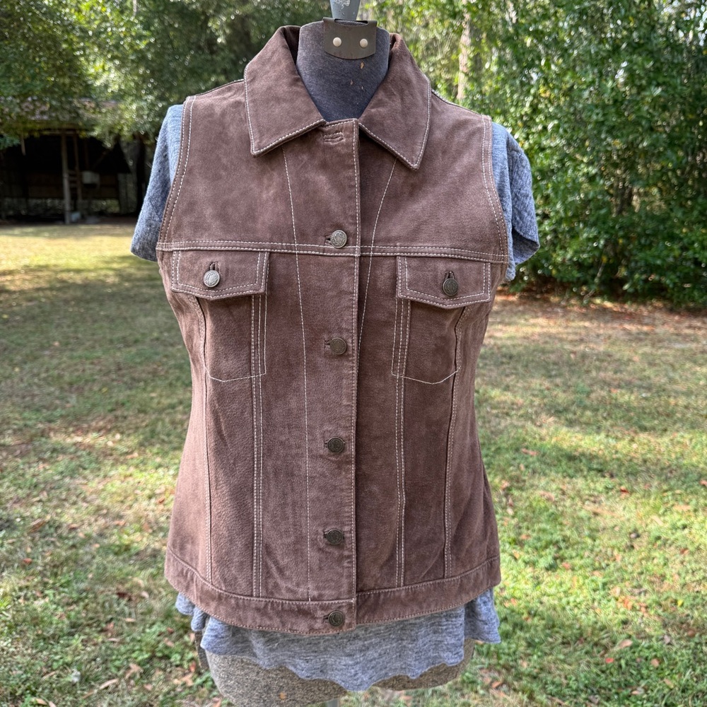 Brandon Thomas Genuine Suede Leather Brown Button Up Vest Western Utility